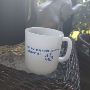 Vintage Glasbake John Peter Smith Hospital Mug White Glass USA TCHD 1970s